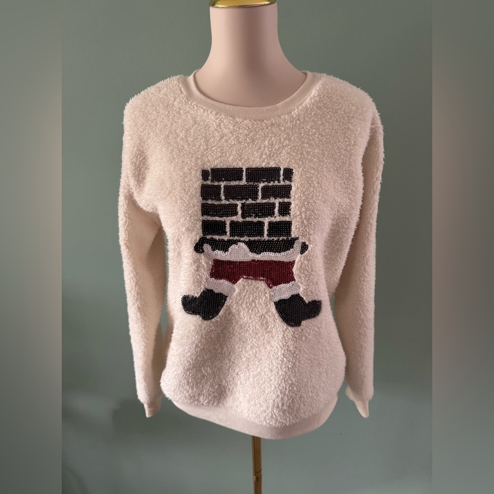Festive Cream and Black Crew Neck Sweater with Santa Design, Medium